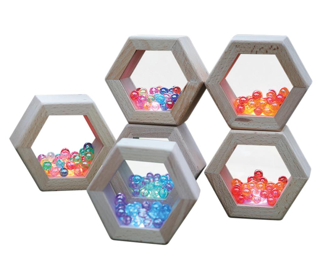Lichtgevende shakers - rammelaar - hexagon - hout - set van 6