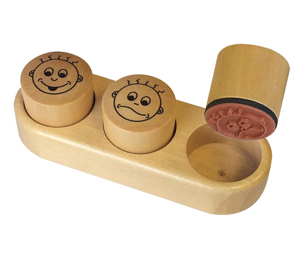 Stempels - hout - gezichtjes - waardering - set van 3 assorti