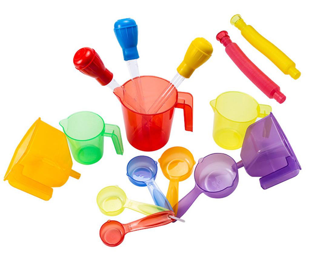 Waterspeelset - pipetten - schepjes - trechter - maatbekers - maatlepels - transparant - per set