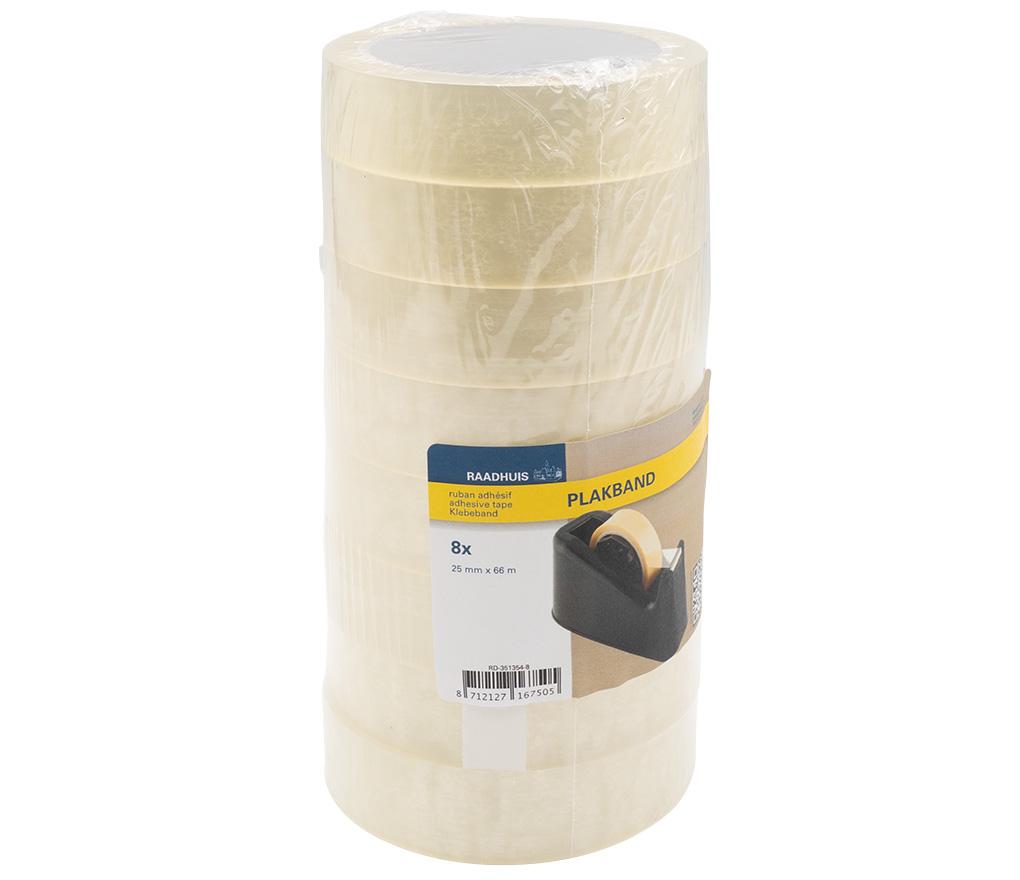 Kleefband - transparant - 25 mm x 66 m - transparant - set van 8