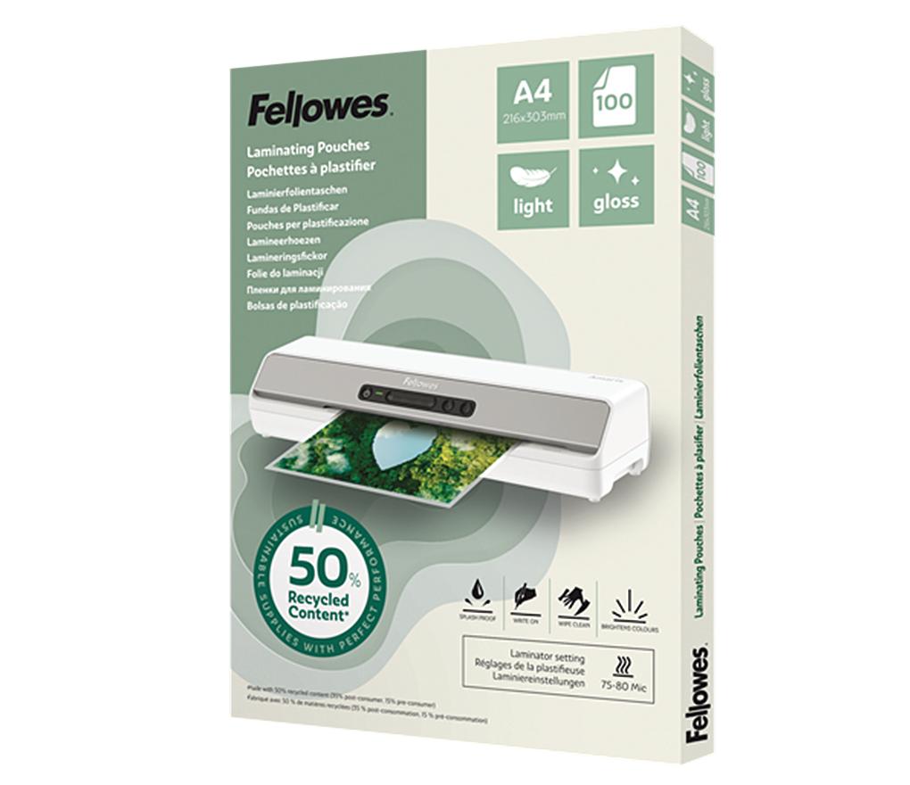 Pochettes de plastification - Fellowes - 80 microns - A4 - brillantes - écologiques - lot de 100