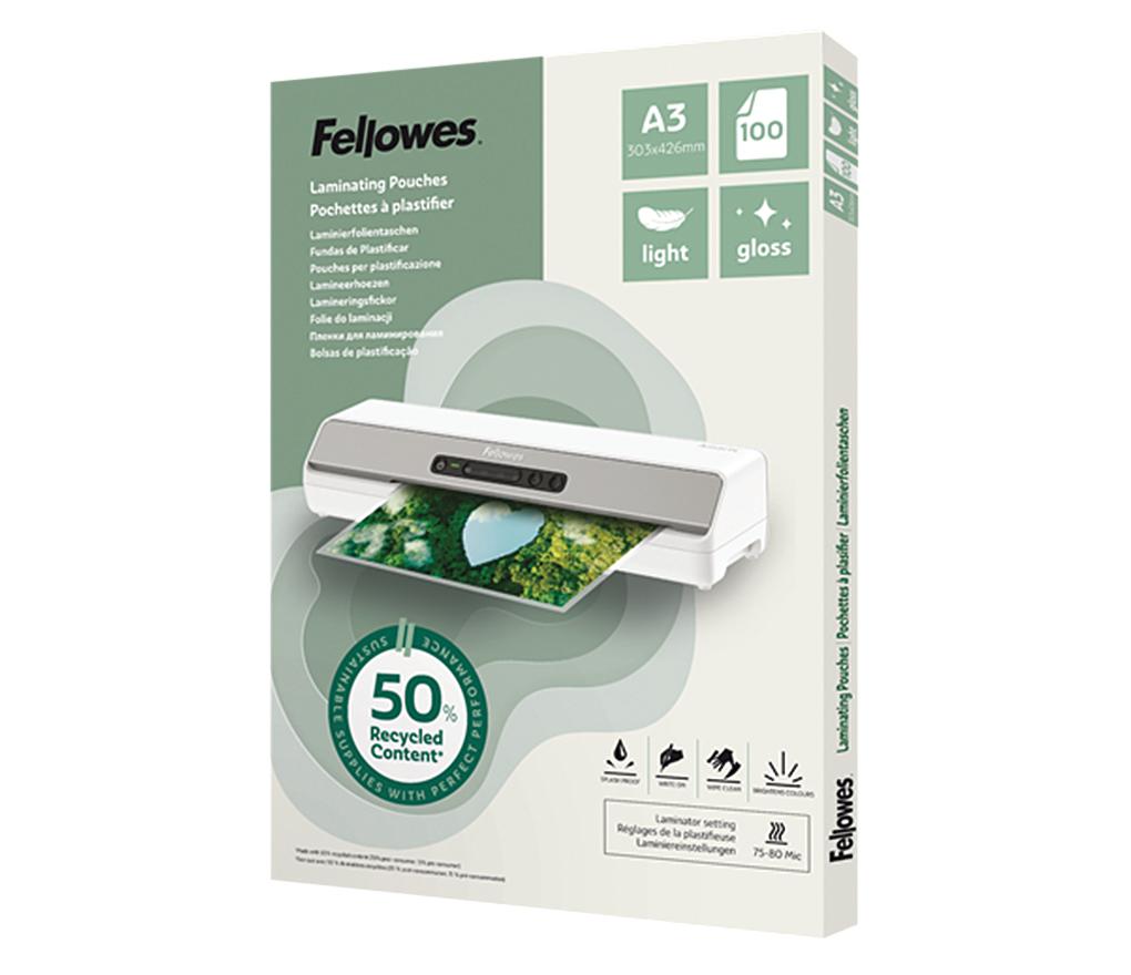 Pochettes de plastification - Fellowes - 80 microns - A3 - brillantes - écologiques - lot de 100