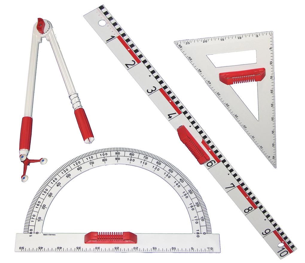 Bord toebehoren - lat - passer - geodriehoek - gradenboog - magnetisch - set van 4 assorti