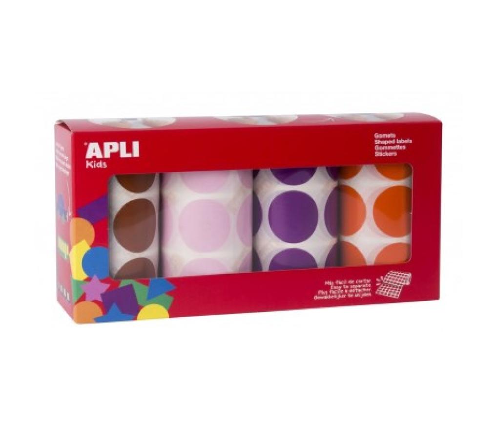 Plakfiguurtjes cirkel 33 mm op rol bruin roze paars oranje zelfklevend 4 rollen/2832 - Per pak