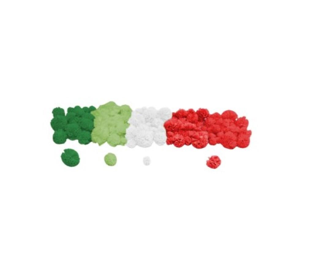 Pompons in tulle Kerst wit - rood - groen 3 afmetingen 1, 2 en 2,5 cm pak/100 - Per pak