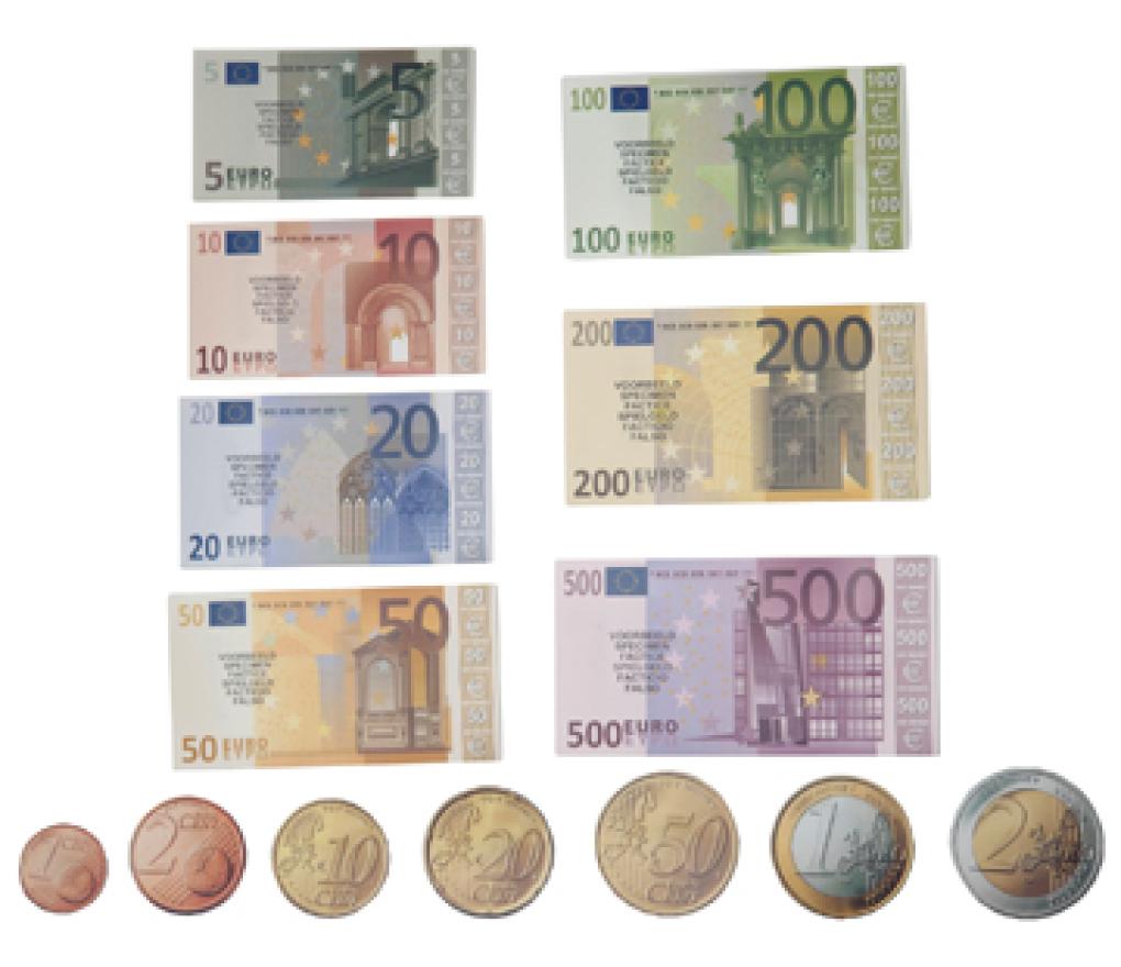 Geld speelgoed euro munten en briefjes los emmer/190 - Per stuk