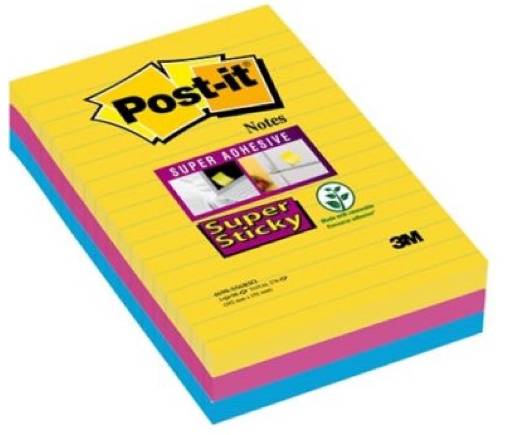 Post-it 3M Super Sticky 101 x 152 mm assorti gelijnd 90 vel pak/3 - Per pak