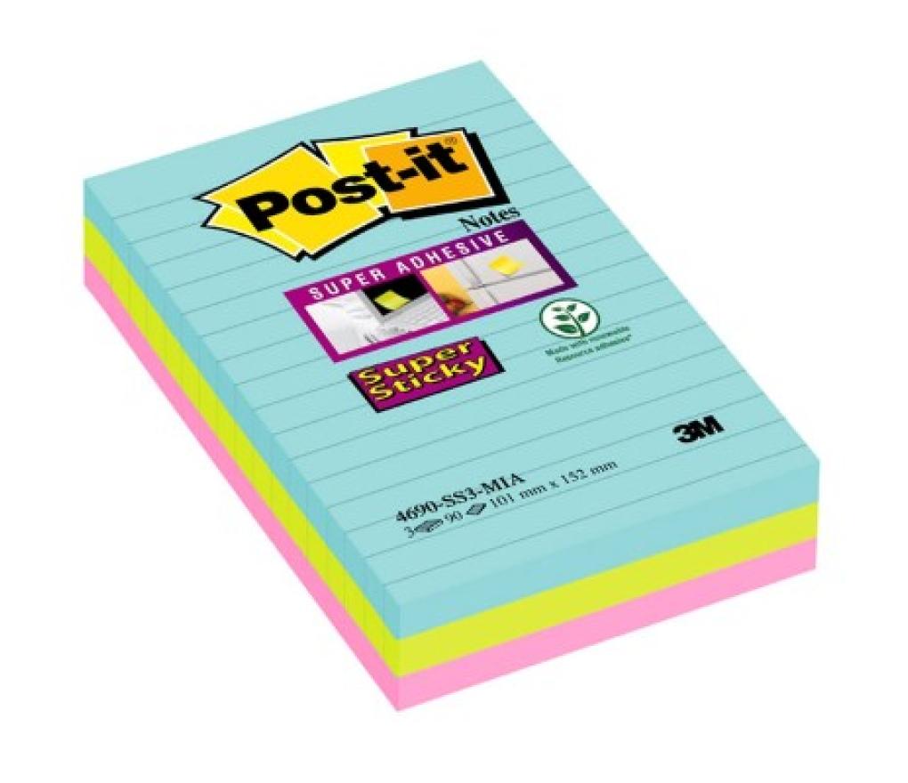 Post-it 3M Super Sticky 102 x 152 mm Miami colors gelijnd pak/3 - Per pak