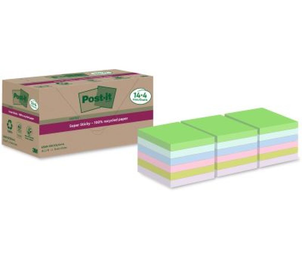 Post-it 3M Super Sticky gerecycleerd 76 x 76 mm assorti pak/18 - Per pak