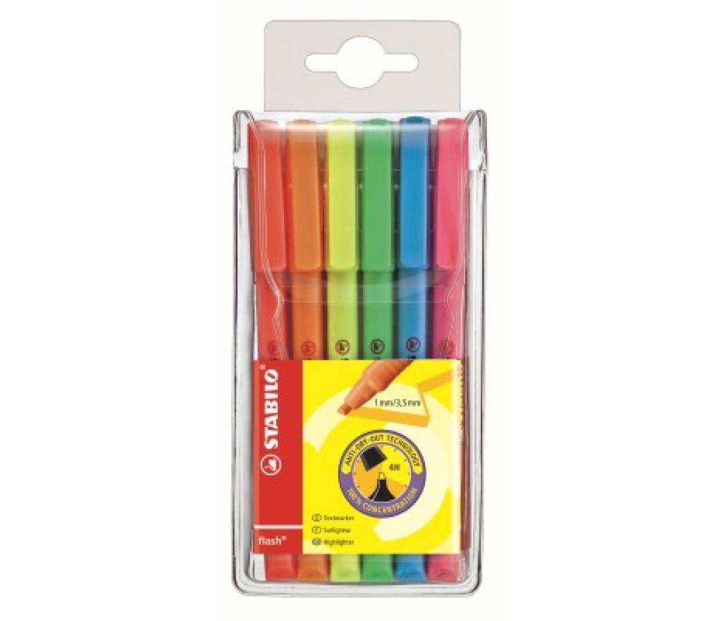 Fluostift Stabilo Flash rond model schuine punt set/6 - Per pak