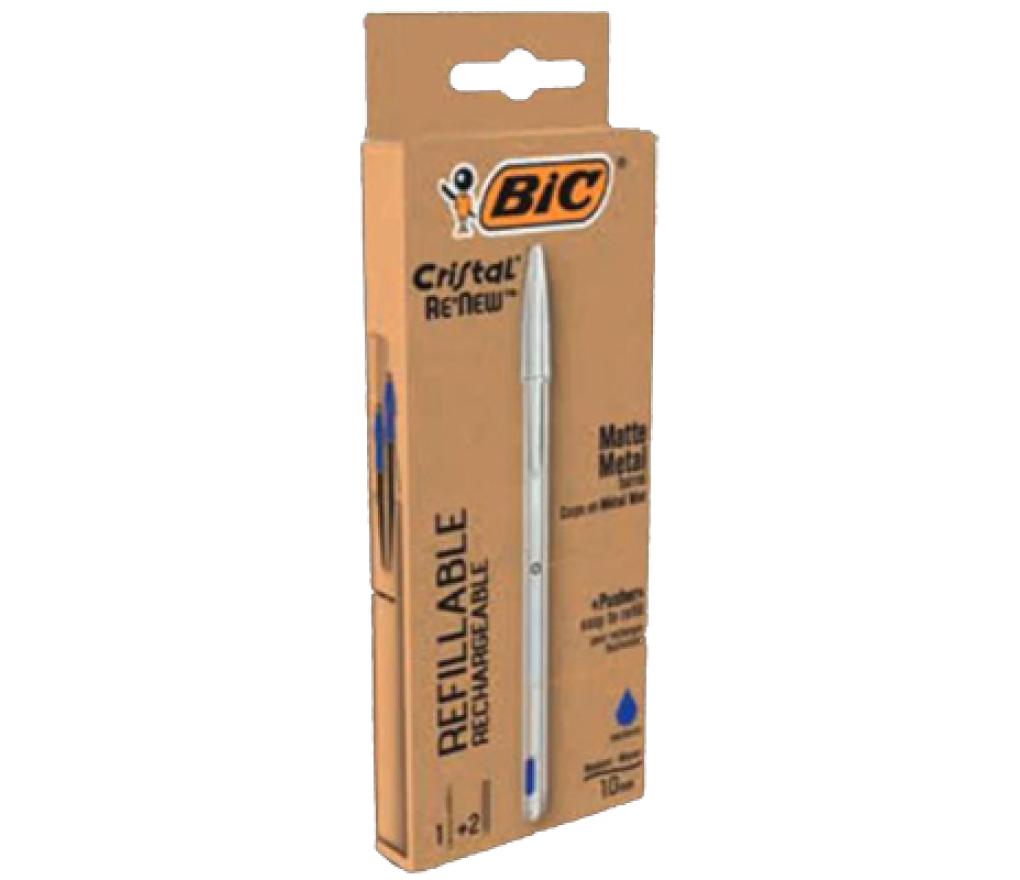 Kogelpen Bic Cristal Re-New medium blauw + 2 vullingen - Per stuk