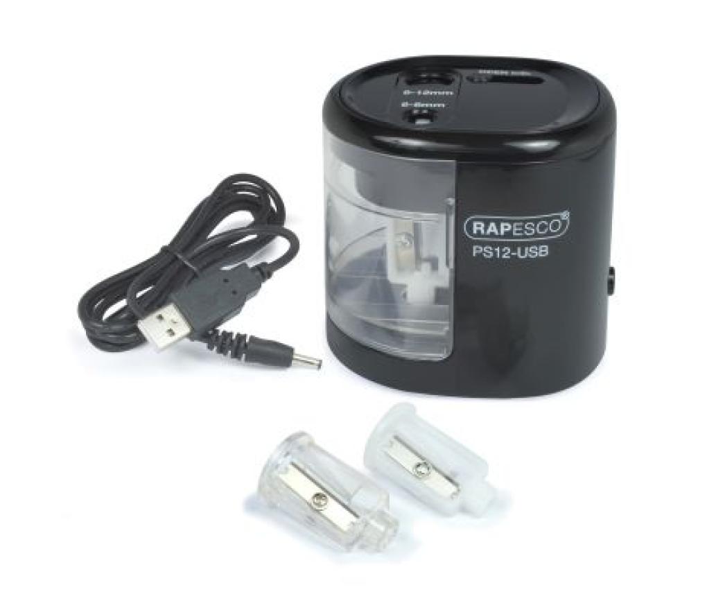 Potloodslijper Rapesco PS12-USB zwart elektrisch - Per stuk