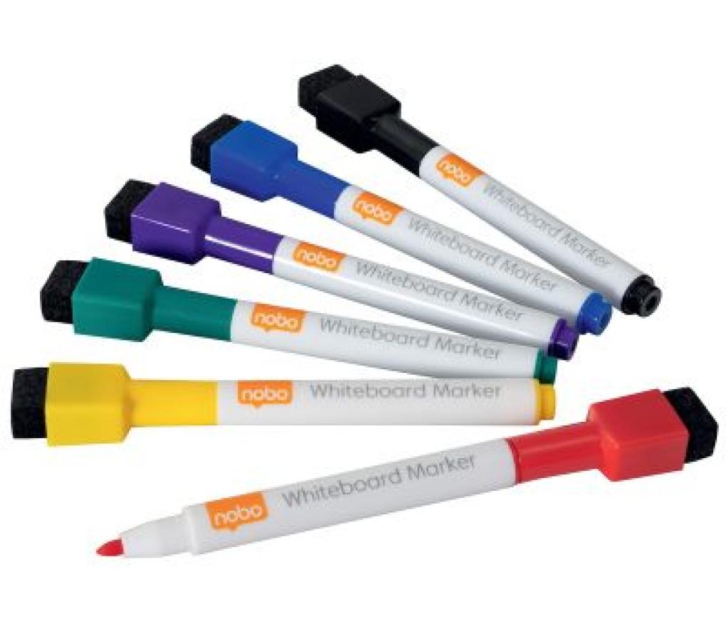 Whiteboardstift Nobo mini met magnetische dopwisser assorti set/6 - Per pak