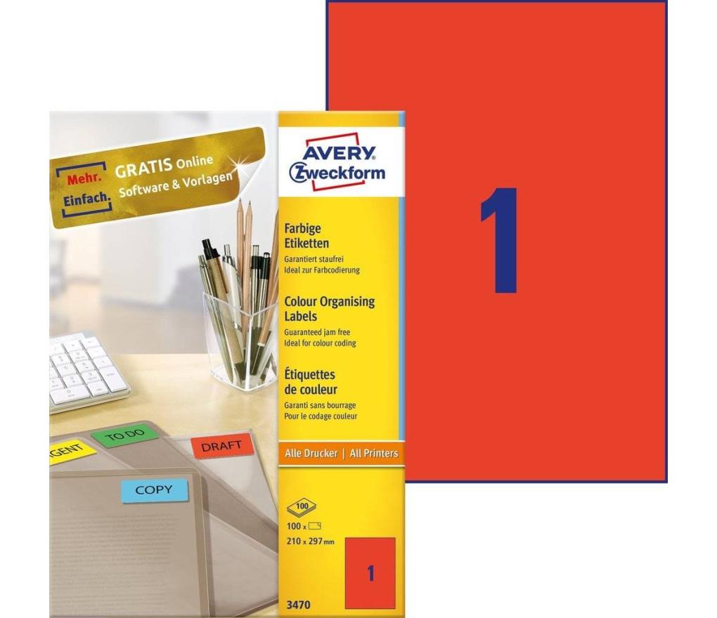Etiket ILK Avery Zweckform 3470 210 x 297 mm rood doos/100 - Per pak