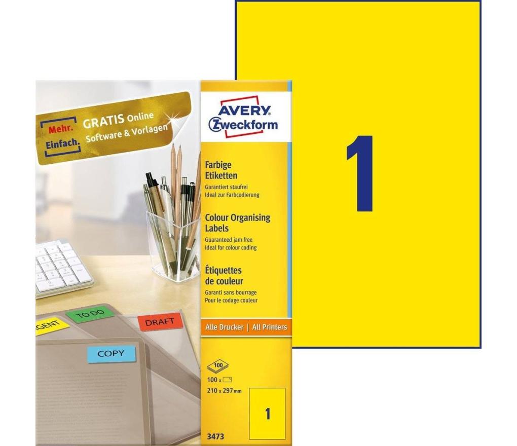 Etiket ILK Avery Zweckform 3473 210 x 297 mm geel doos/100 - Per pak