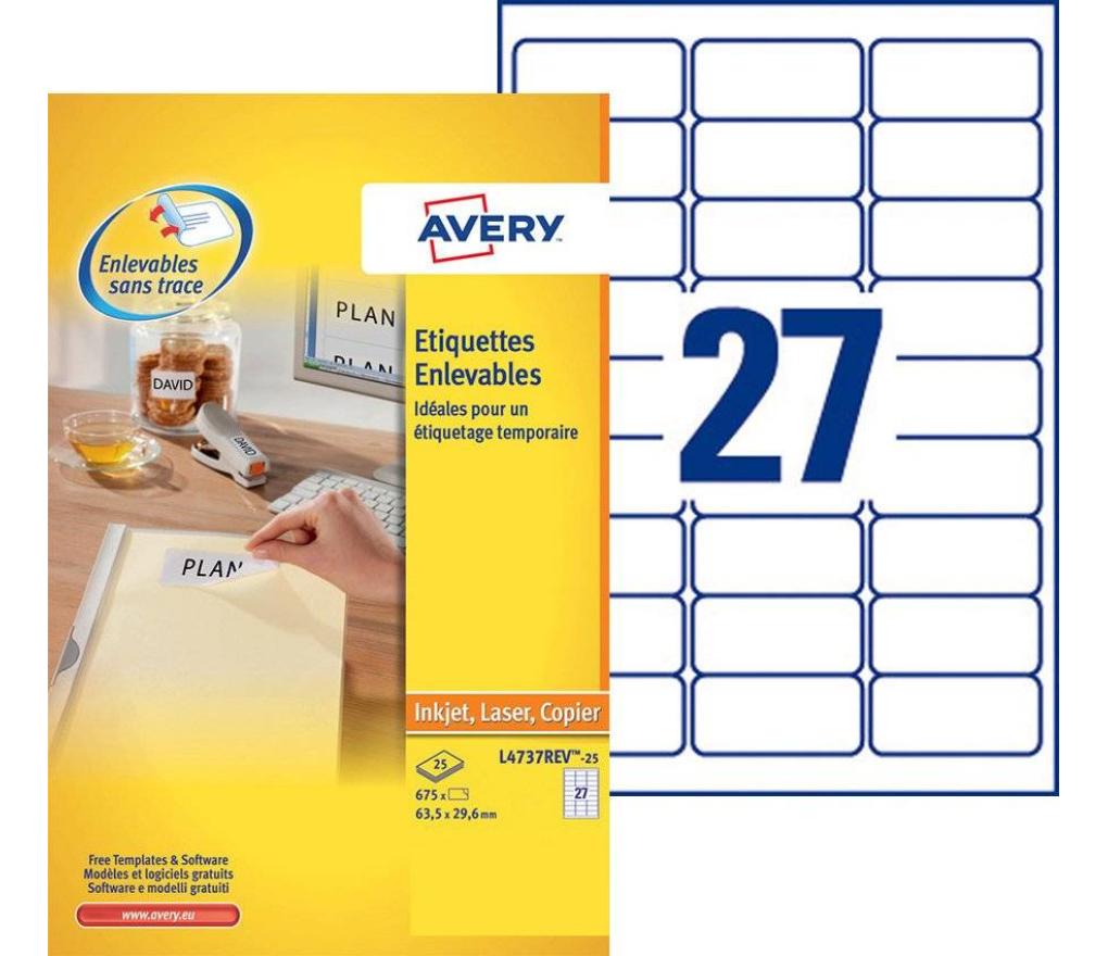 Etiket Laser Avery L4737rev-25 63,5 x 29,6 mm verwijderbaar wit doos/675 - Per pak