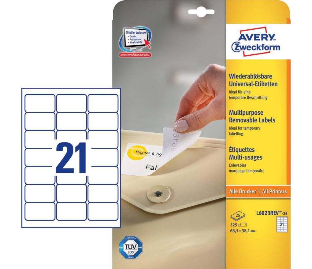 Etiket Laser Avery Zweckform L6023rev-25 63,5 x 38,1 mm verwijderbaar wit doos/525 - Per pak