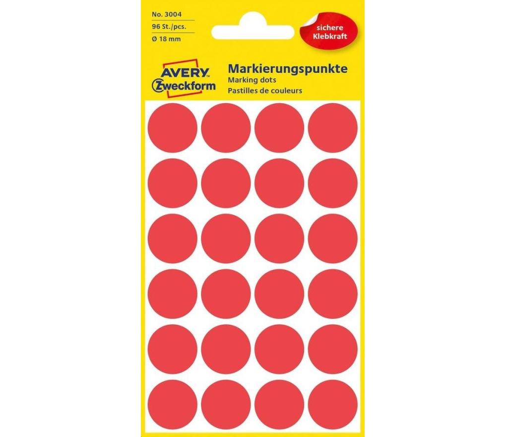 Etiket rond Avery Zweckform 3004 dia 18 mm rood blister/96 - Per pak