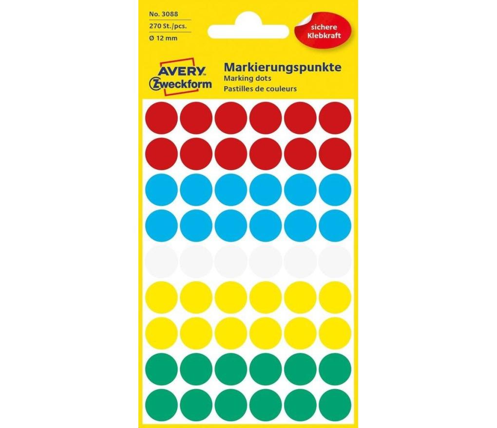 Etiket rond Avery Zweckform 3088 dia 12 mm assorti blister/272 - Per pak