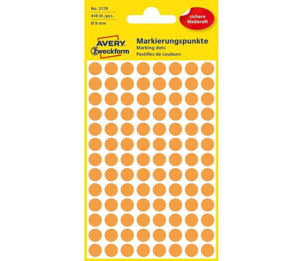 Etiket rond Avery Zweckform 3178 dia 8 mm oranje blister/416 - Per pak