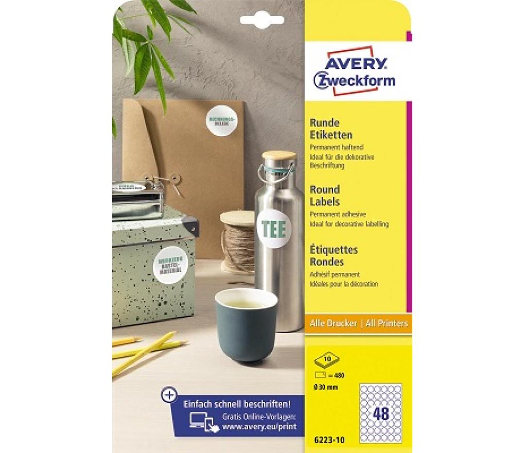Etiket rond Avery Zweckform 6223 dia 30 mm wit stuks/480 - Per pak
