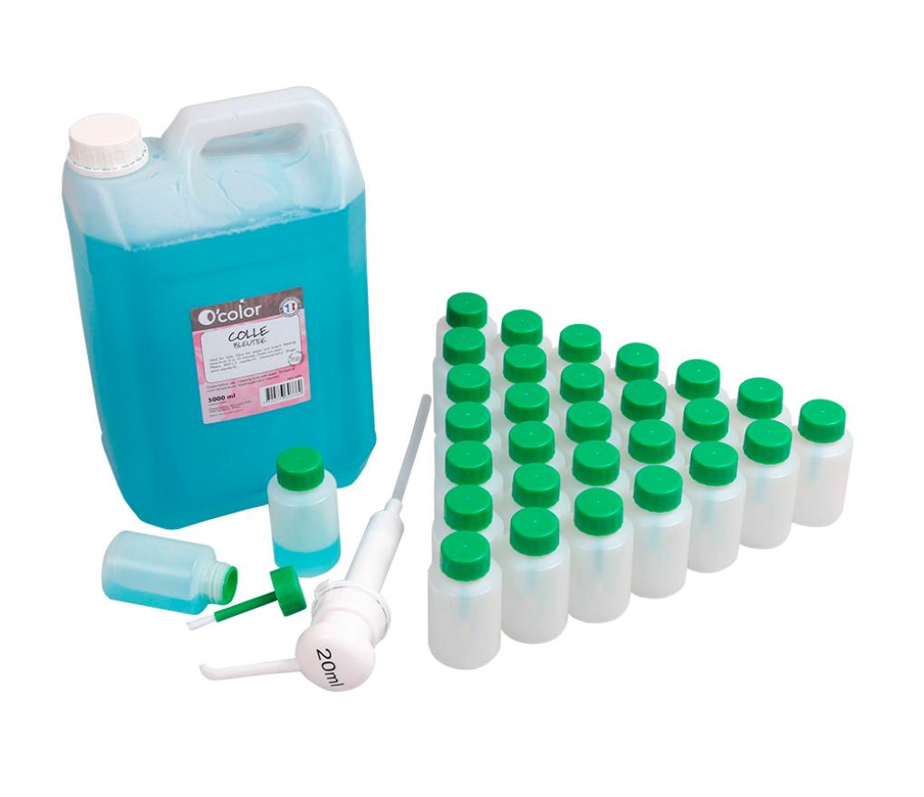 Lijm blauw schoolpack: bidon met 5 kg lijm + pomp + 30 flesjes van 80 ml - Per stuk