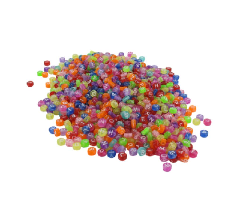 Parels kunststof met letters 7 mm geassorteerde transparante kleuren pot/1200 - Per stuk