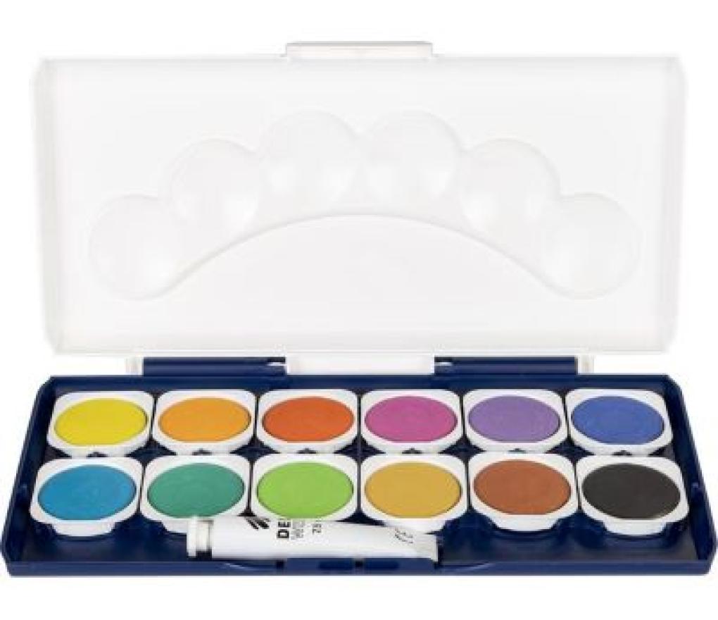 Verfdoos Stylex waterverf 12 kleuren + dekwit + penseel - Per stuk