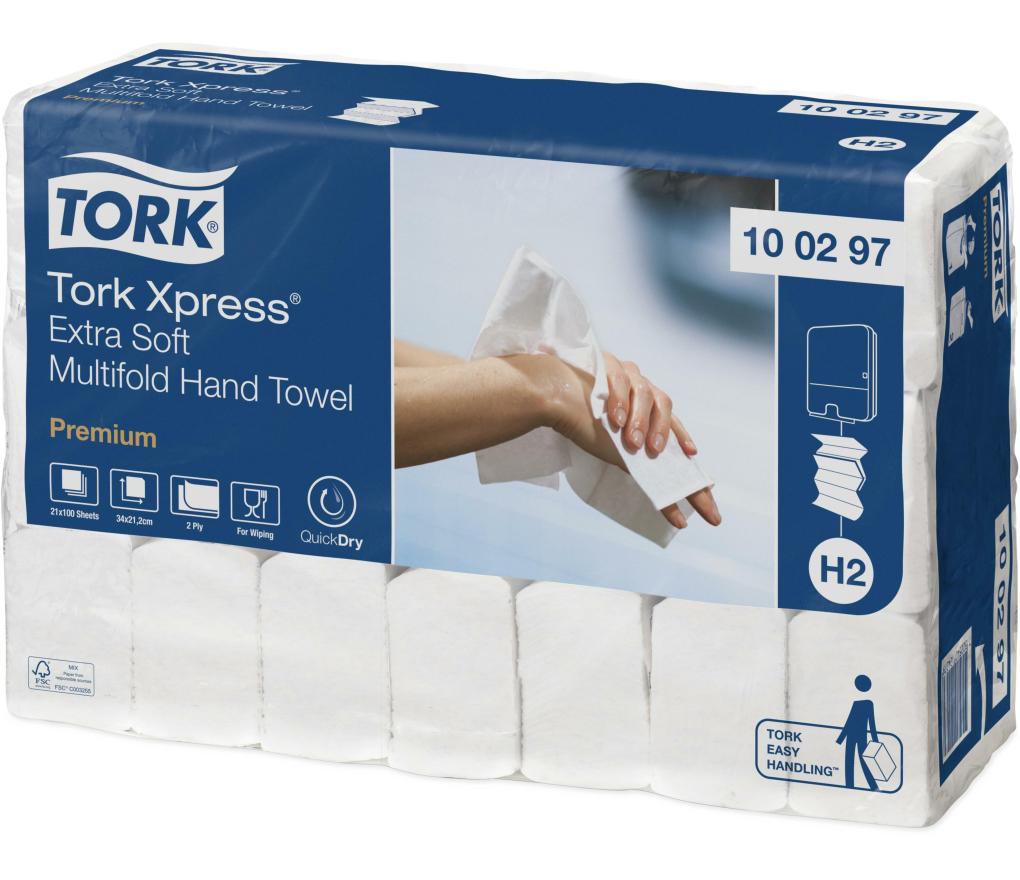 Handdoek Tork H2 intergevouwen 21 x 34 cm Premium Extra Soft 2-laags vel/2100 - Per pak
