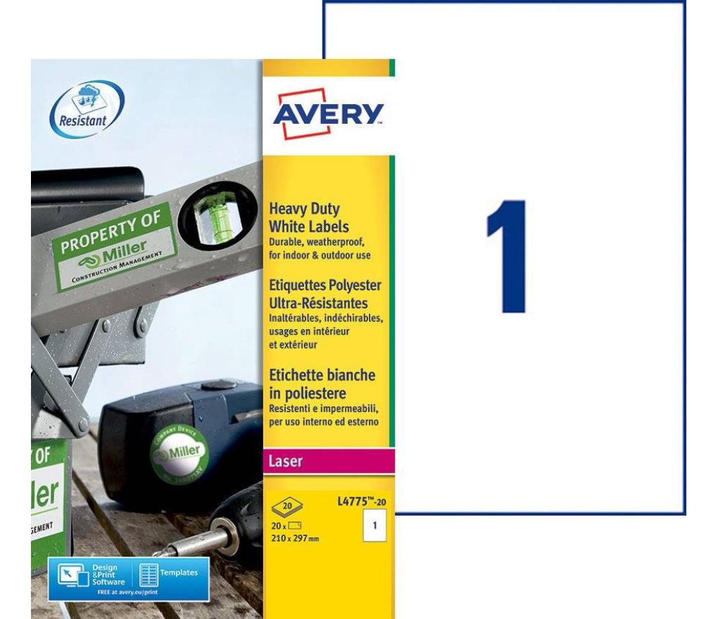 Etiket Laser Avery L4775 210 x 297 mm weerbestendig wit doos/20 - Per pak