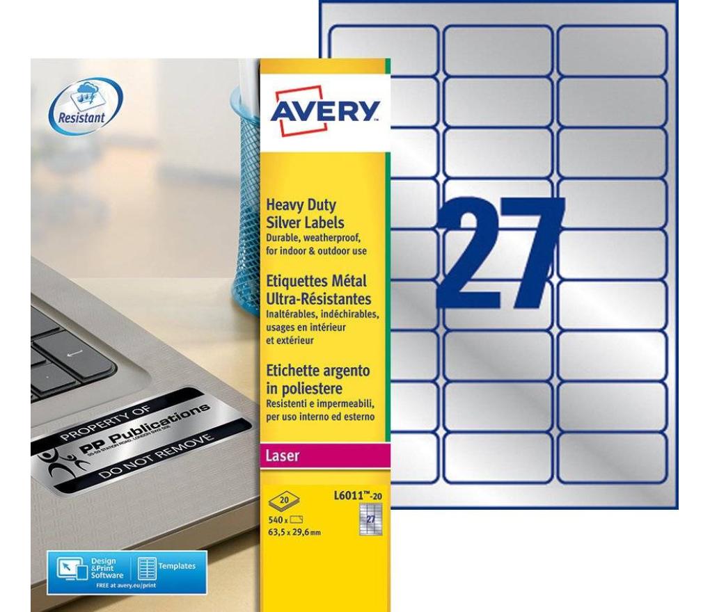 Etiket Laser Avery L6011-20 63,5 x 29,6 mm polyester zilver doos/540 - Per pak