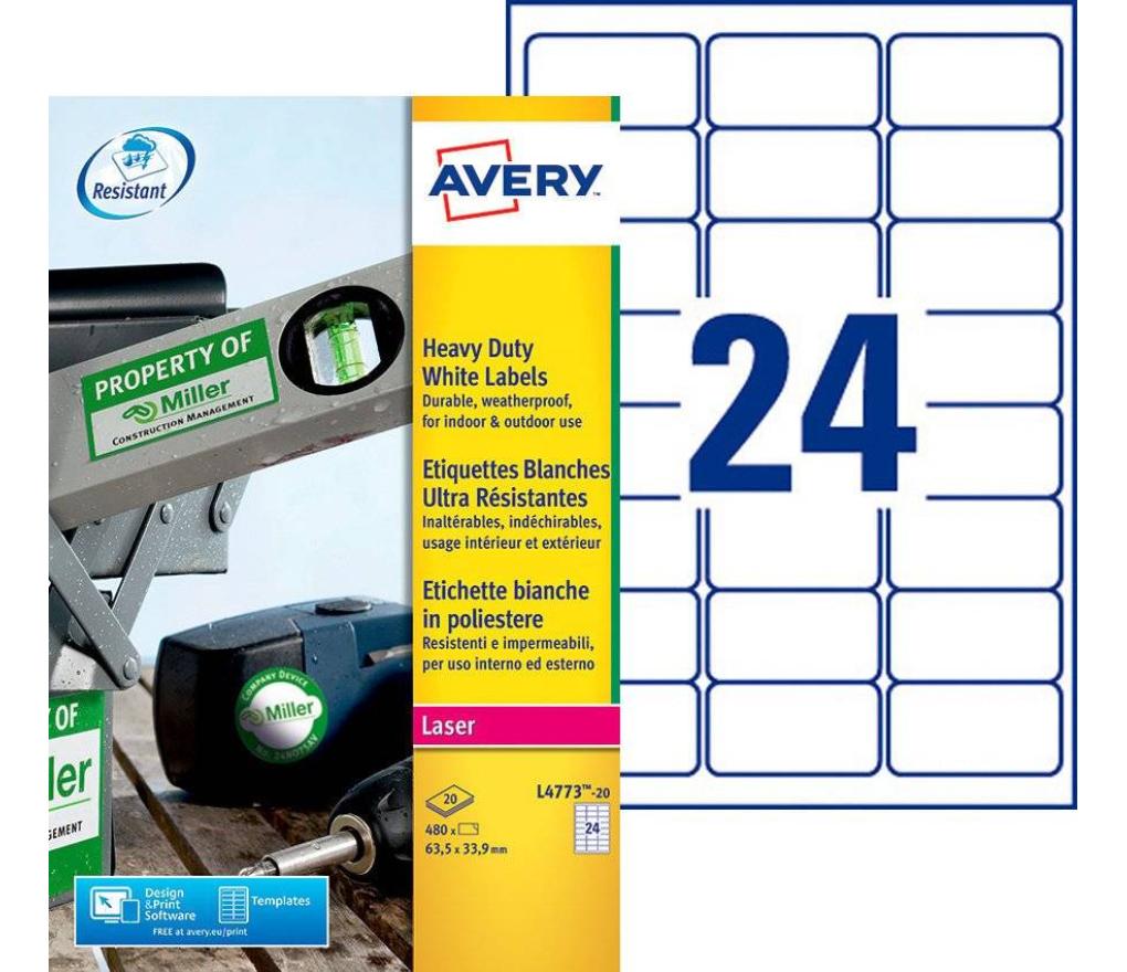 Etiket Laser Avery L4773-20 63,5 x 33,9 mm weerbestendig wit doos/480 - Per pak