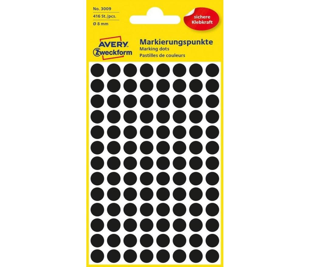 Etiket rond Avery Zweckform 3009 dia 8 mm zwart blister/416 - Per pak