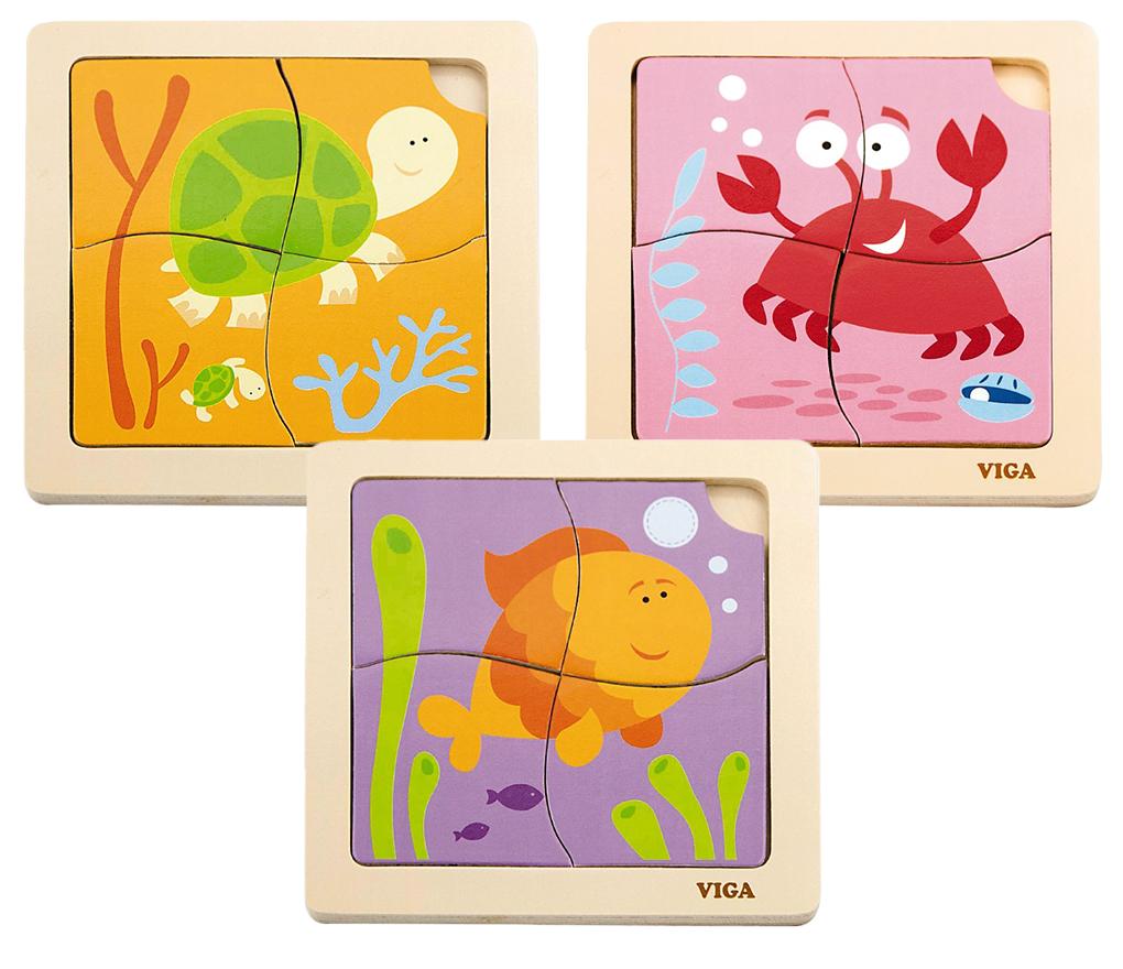 Puzzle - animaux marins - 4 pièces - bois - set de 3 assorti