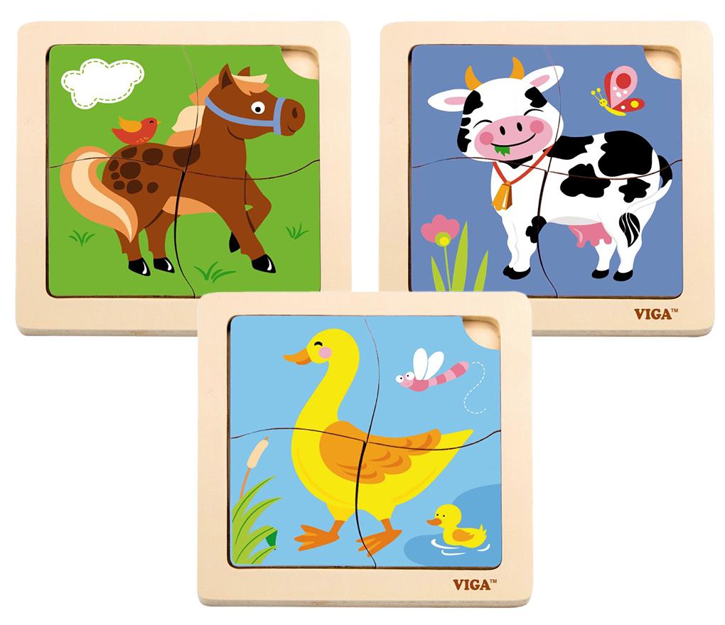 Puzzel - boerderijdieren - 4 stukjes - hout - set van 3 assorti