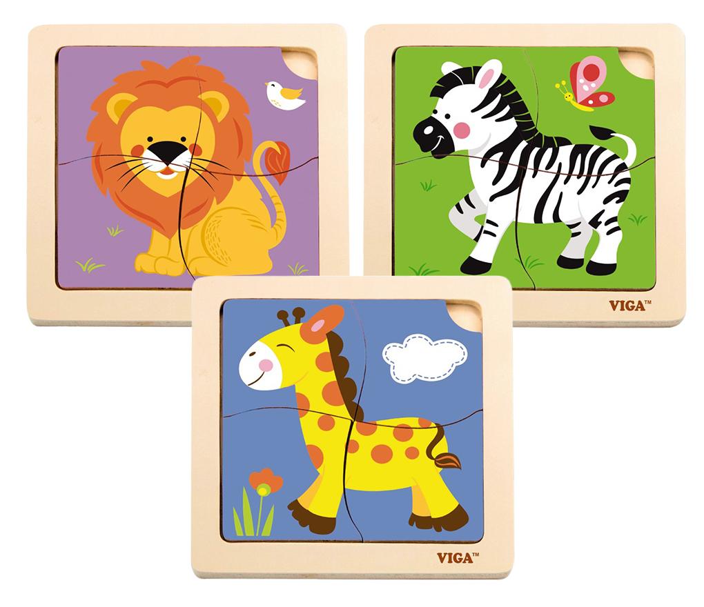 Puzzle - animaux sauvages - 4 pièces - bois - set de 3 assorti