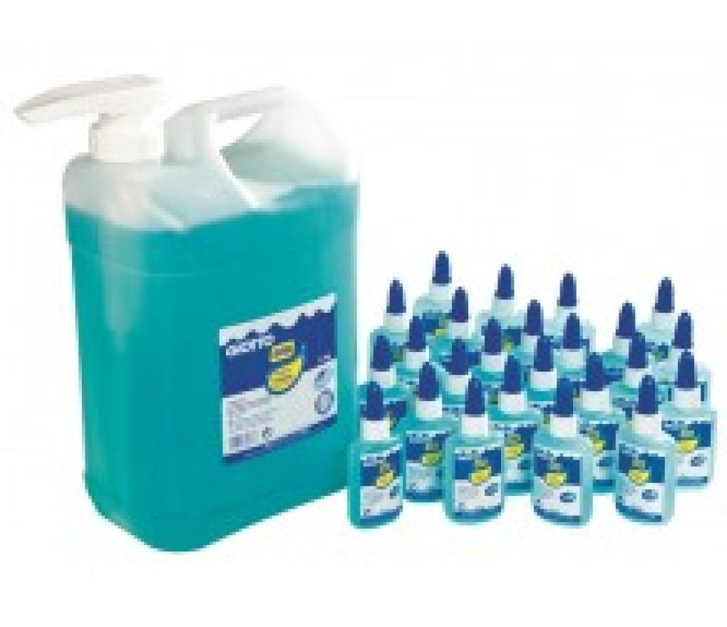 Lijm blauw schoolpack: bidon met 5 kg lijm + pomp + 30 flesjes van 80 ml - Per stuk