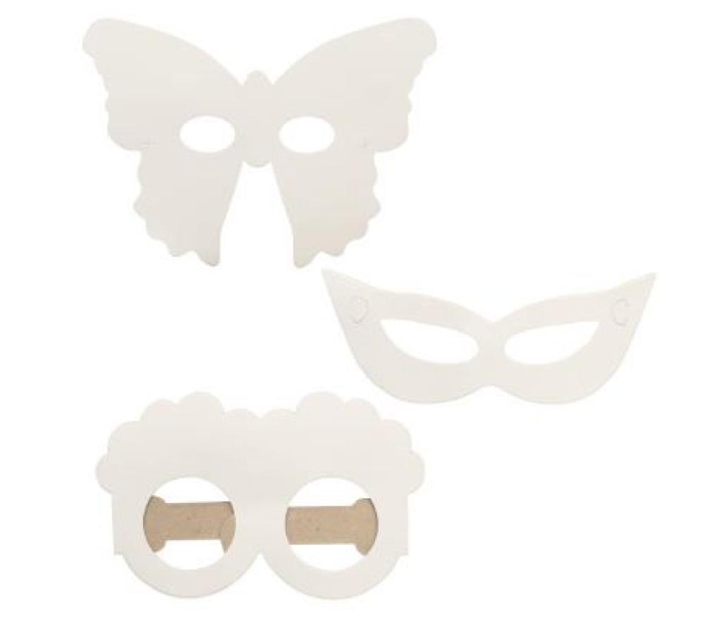 Maskers (half) in wit karton verschillende uitvoeringen met elastiek pak/18 - Per pak
