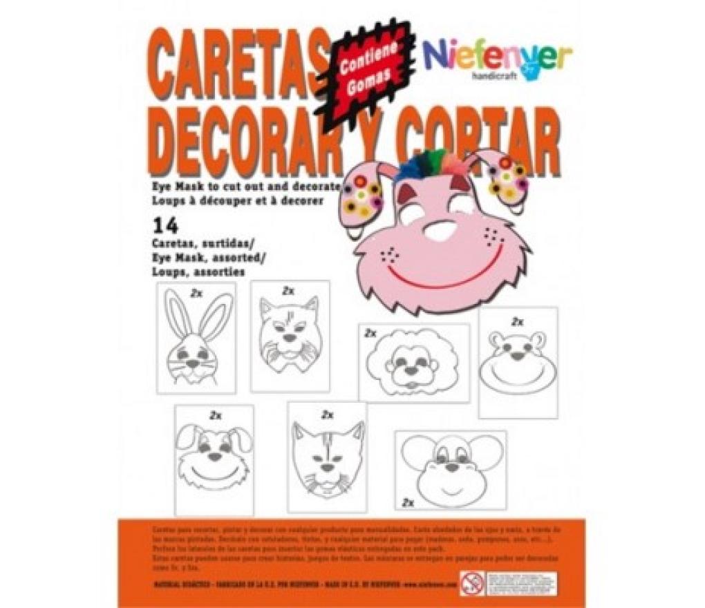 Maskers in wit karton om te knippen en te decoreren dieren pak/14 - Per stuk