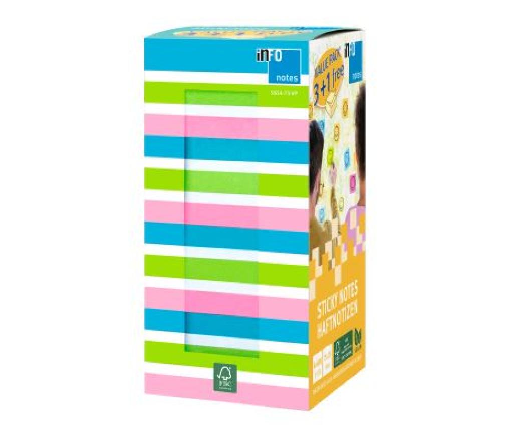 Memonotes 76 x 76 mm kubus neon 400 blaadjes blauw, groen, roze en wit voordeelpak/4 - Per pak