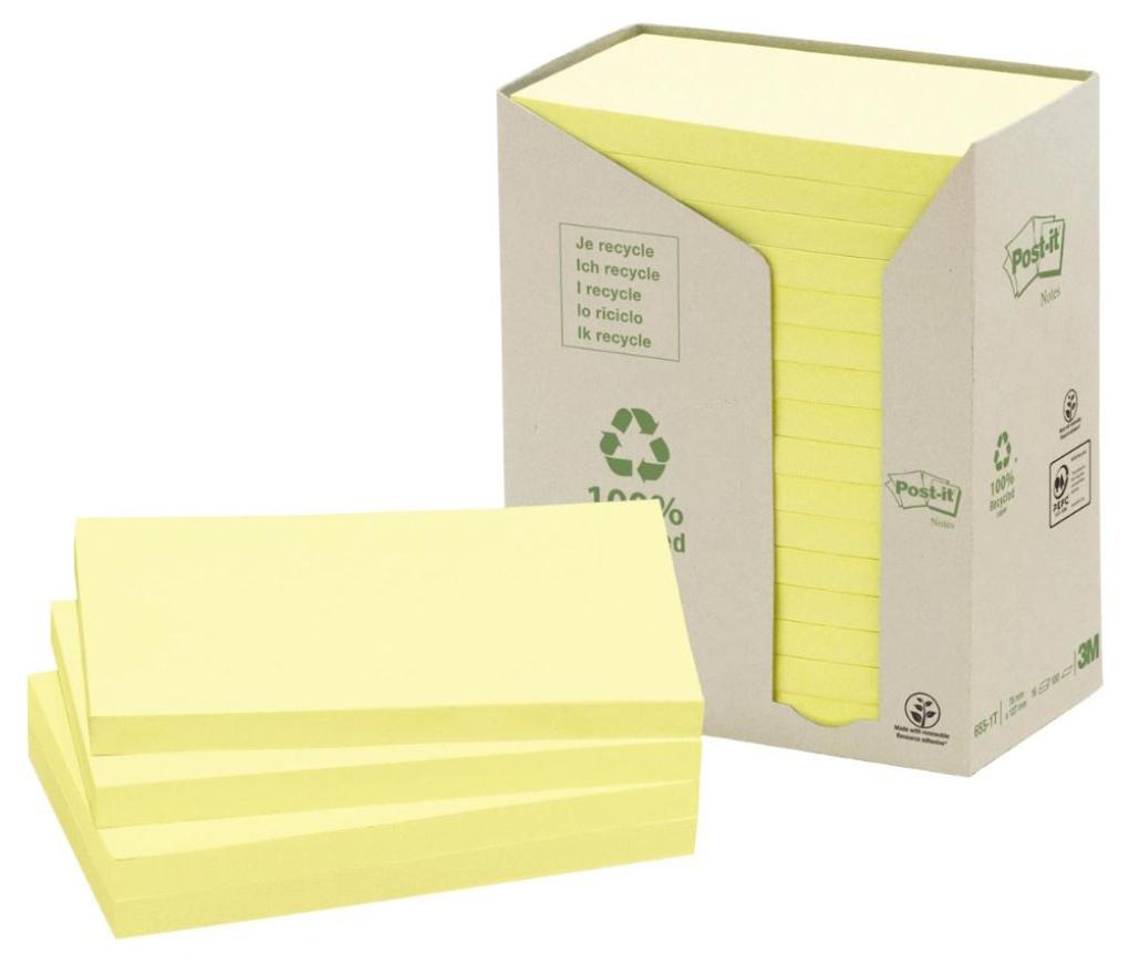 Post-it 3M gerecycleerd 76 x 127 mm geel pak/16 - Per pak