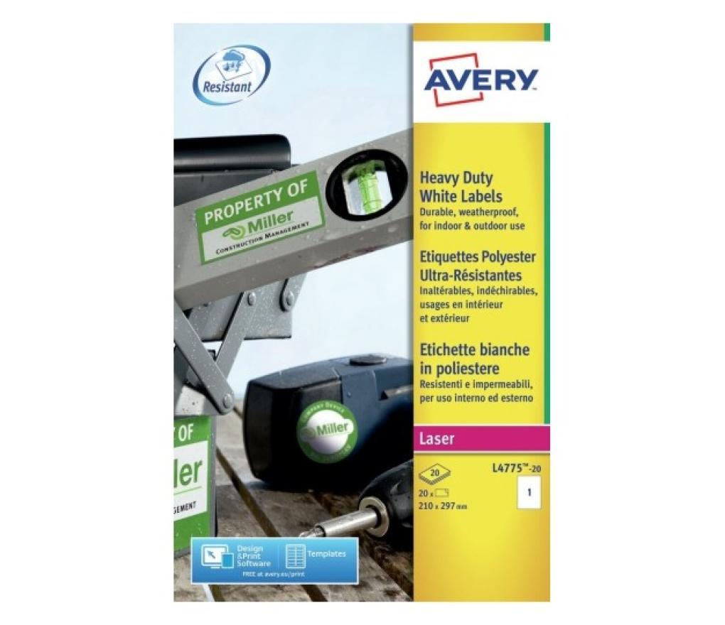 Etiket Laser Avery L4775 210 x 297 mm weerbestendig wit doos/20 - Per pak
