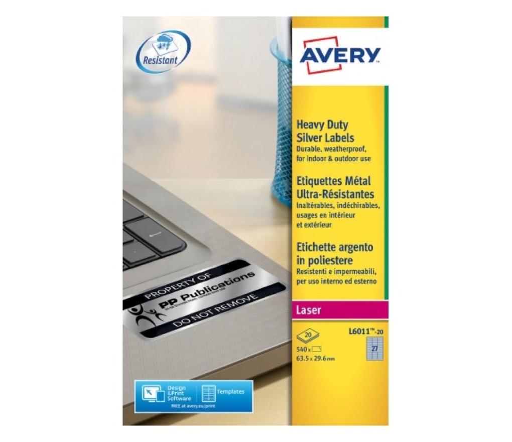Etiket Laser Avery L6011-20 63,5 x 29,6 mm polyester zilver doos/540 - Per pak