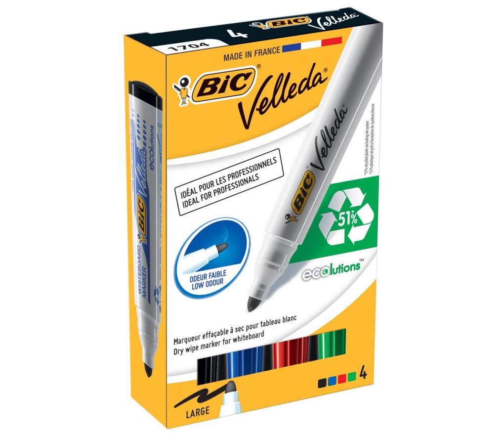 Whiteboardstift Bic Velleda 1701 ECOlutions ronde punt set/4 kleuren - Per pak
